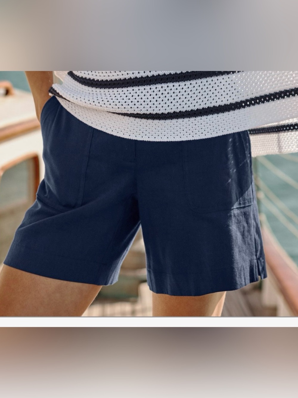 J.Jill Navy Blue Linen Pull On Shorts Elastic Waist Pockets size Large